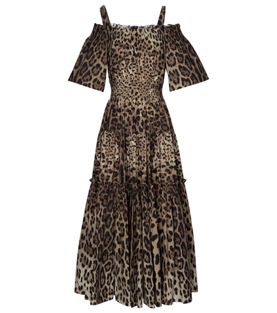 Shop Dolce & Gabbana Leopard-print Cotton Midi Dress In Brown