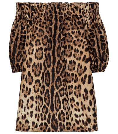 Shop Dolce & Gabbana Leopard-print Cotton Poplin Blouse In Brown