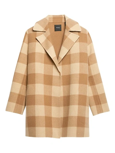 Shop Theory Double-faced Check Overlay Coat In Camel Multi