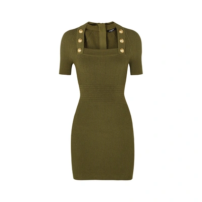 Shop Balmain Army Green Ribbed-knit Mini Dress In Olive