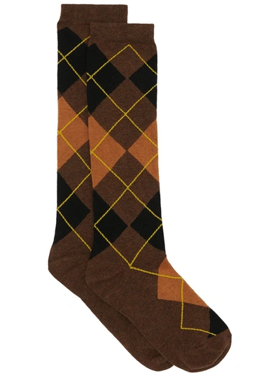 Shop Burberry Monogram-embroidered Argyle Socks In Brown