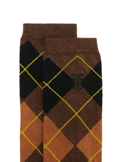 Shop Burberry Monogram-embroidered Argyle Socks In Brown