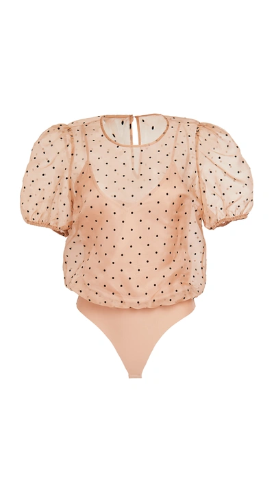 Bethany Polka dot Flocked Organza And Silk jersey Thong Bodysuit In Rose