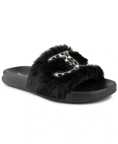 Shop Juicy Couture Women's Sleek Faux Fur Sandal Slide Women's Shoes In Black