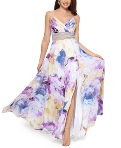 Shop Xscape Floral-print Embellished-waist Gown In Yellow Floral
