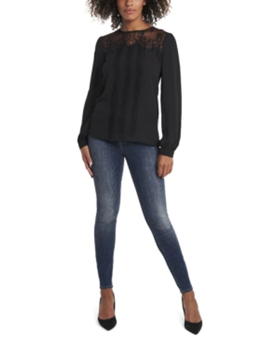 Shop Vince Camuto Women's Plus Size Long Sleeve Lace Yoke Pleated Front Blouse In Rich Black