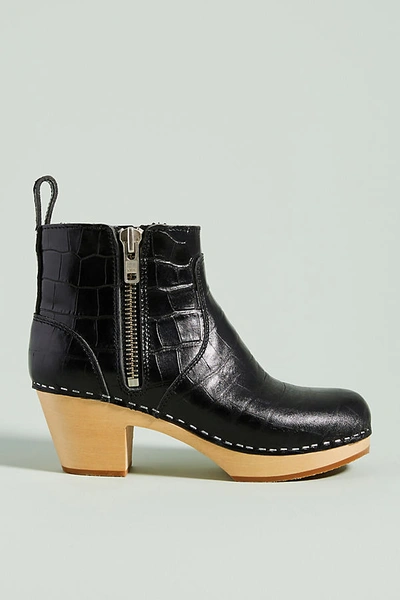 Shop Swedish Hasbeens Embossed Leather Clog Booties In Black