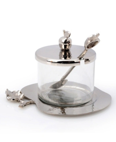 Classic Touch Nickel And Glass Honey Dish With Apple Shaped Tray In Silver