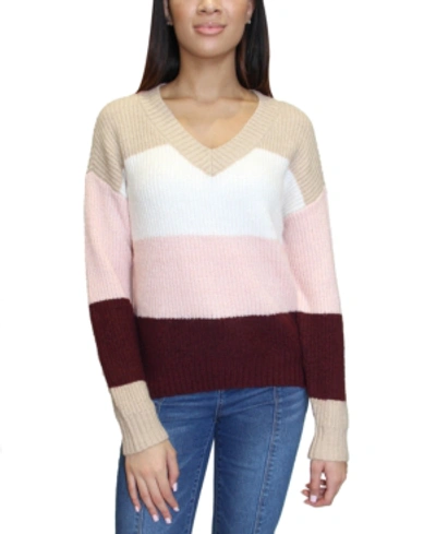 Shop Almost Famous Juniors' Colorblocked V-neck Sweater In Blush Combo