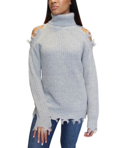 Shop Almost Famous Juniors' Destructed Turtleneck Tunic Sweater In Grey