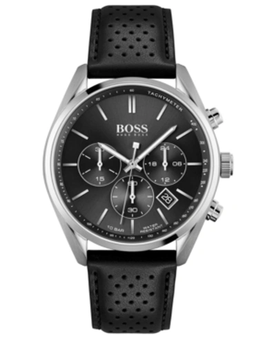 Shop Hugo Boss Men's Chronograph Champion Black Leather Strap Watch 44mm In Silver