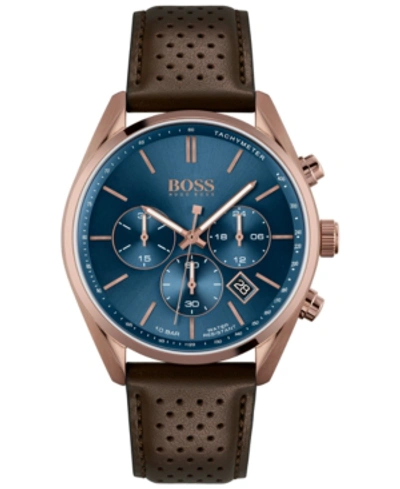 Shop Hugo Boss Men's Chronograph Champion Brown Leather Strap Watch 44mm Women's Shoes