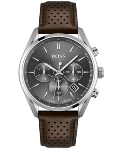 Shop Hugo Boss Men's Chronograph Champion Brown Leather Strap Watch 44mm In Silver