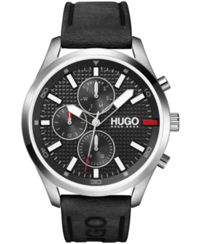 Shop Hugo Men's #chase Black Leather Strap Watch 46mm Women's Shoes In Silver