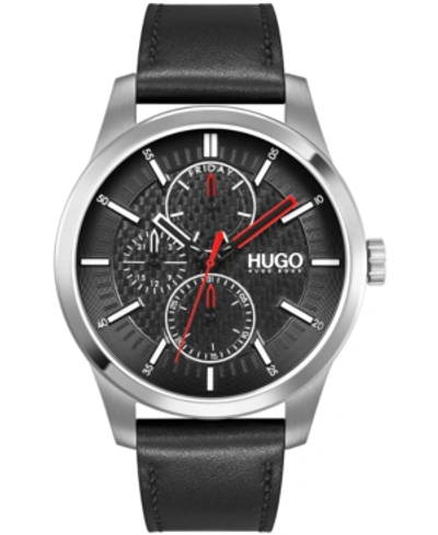 Shop Hugo Men's #real Black Leather Strap Watch 46mm Women's Shoes In Silver