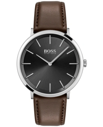 Shop Hugo Boss Men's Skyliner Brown Leather Strap Watch 40mm Women's Shoes In Silver