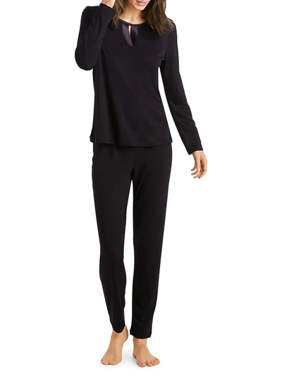 Shop Hanro Fia 2-piece Long-sleeve Pajama Set In Black
