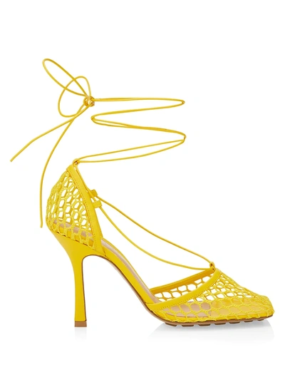 Shop Bottega Veneta Stretch Square-toe Ankle-strap Mesh Pumps In Egg Yolk