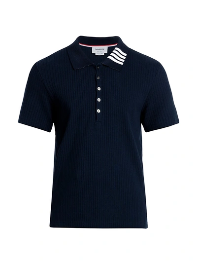 Shop Thom Browne Men's Short-sleeve 4 Bar Ribbed Polo In Navy