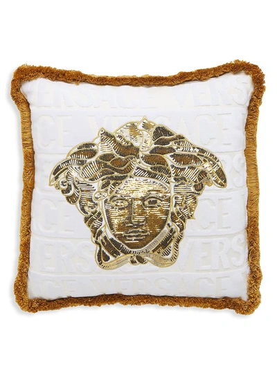 Shop Versace Sequin Medusa Cushion In Gold Multi