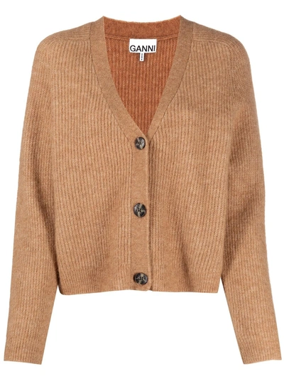 Shop Ganni Ribbed-knit Cropped Cardigan In Brown