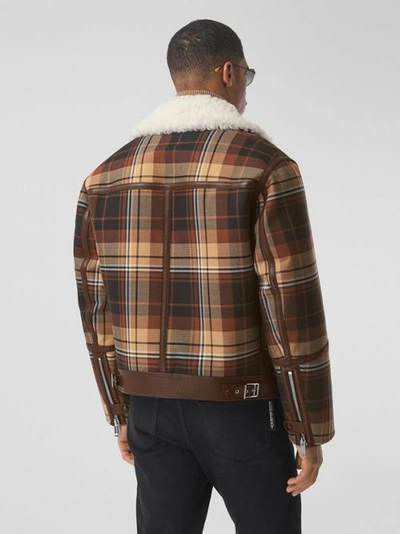 Shop Burberry Leather Trim Check Wool And Shearl In Orange/black Check
