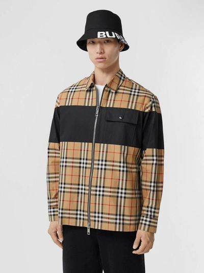 Shop Burberry Contrast Panel Check Cotton Shirt In Archive Beige