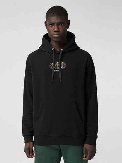 Shop Burberry Embroidered Globe Graphic Cotton Hoodie In Black