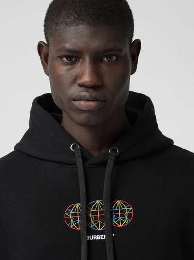 Shop Burberry Embroidered Globe Graphic Cotton Hoodie In Black