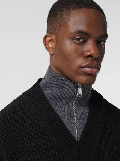 Shop Burberry Funnel Neck Wool Cashmere Zip-front Sweater In Black