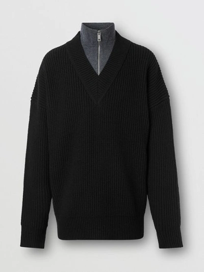 Shop Burberry Funnel Neck Wool Cashmere Zip-front Sweater In Black