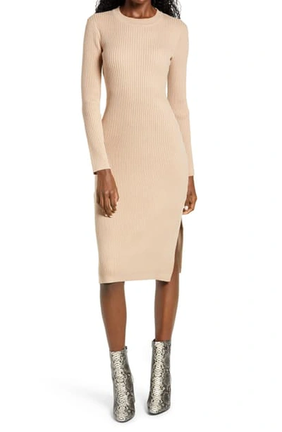 Shop All In Favor Ribbed Long Sleeve Midi Dress In Tan