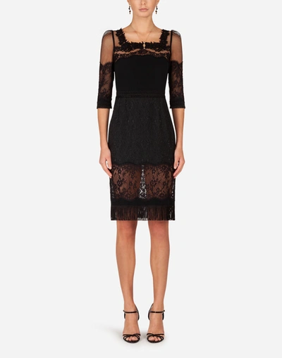 Shop Dolce & Gabbana Cady And Brocade Midi Dress With Lace Inserts In Black
