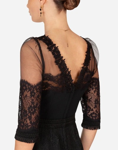 Shop Dolce & Gabbana Cady And Brocade Midi Dress With Lace Inserts In Black