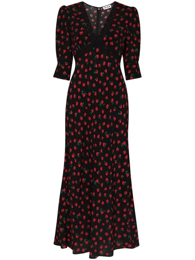 Shop Rixo London Gemma Rose-printed Midi Dress In Black