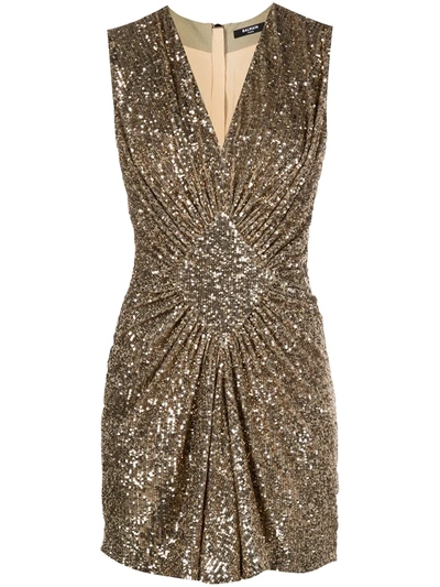 Shop Balmain Sequinned Short Pleated Dress In Gold