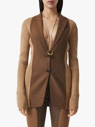 Shop Burberry Rib Knit Tailored Jacket In Brown