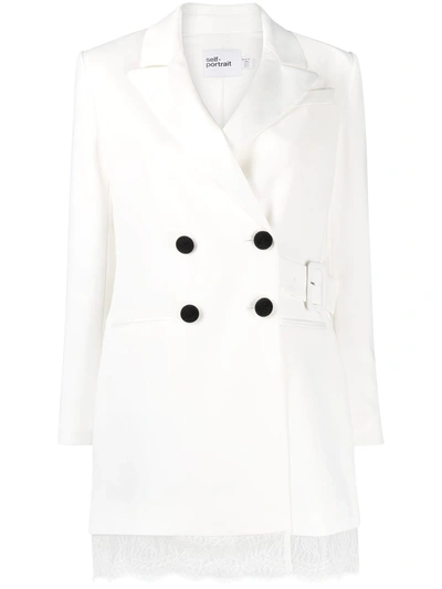 Shop Self-portrait Lace-trim Double-breasted Blazer Dress In White