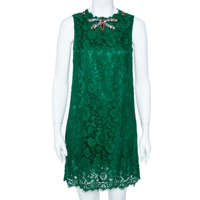 Pre-owned Dolce & Gabbana Green Lace Dragonfly Embellished Sleeveless Shift Dress S