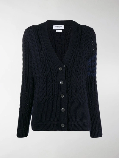 Shop Thom Browne Aran Cable Relaxed V Neck Cardigan W/ 4 Bar In Fine Merino Wool In Blue
