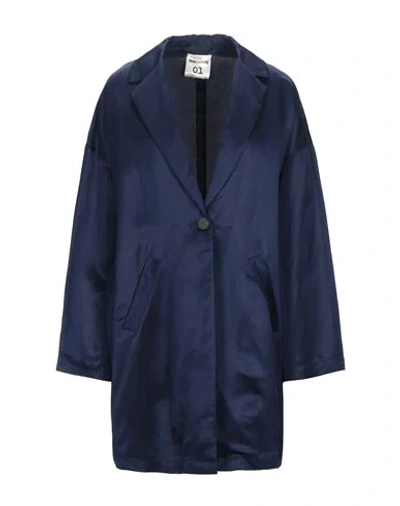 Shop Semicouture Woman Overcoat & Trench Coat Midnight Blue Size 8 Viscose, Linen, Acetate