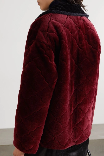 Shop Fendi Ruffled Velvet-trimmed Quilted Shearling Coat In Red