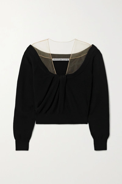 Shop Alexander Wang Cropped Tulle-trimmed Wool-blend Sweater In Black