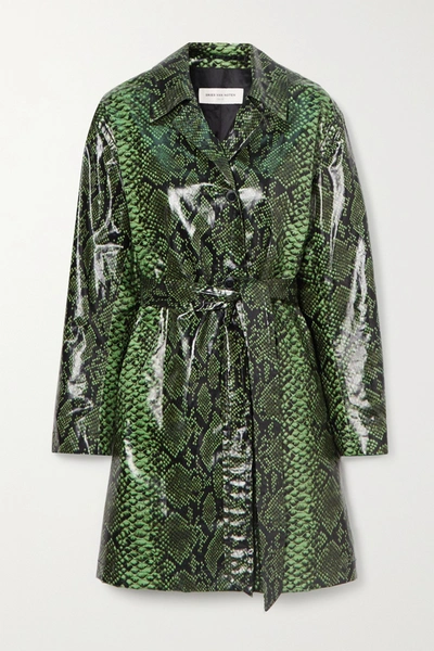 Shop Dries Van Noten Snake-print Coated Cotton-blend Trench Coat In Green