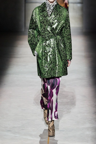 Shop Dries Van Noten Snake-print Coated Cotton-blend Trench Coat In Green