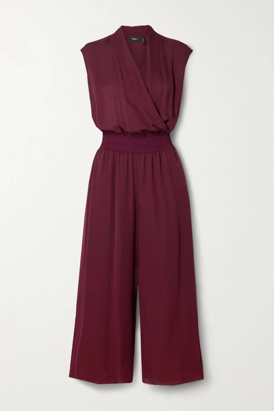 Shop Theory Cropped Wrap-effect Silk Crepe De Chine Jumpsuit In Burgundy