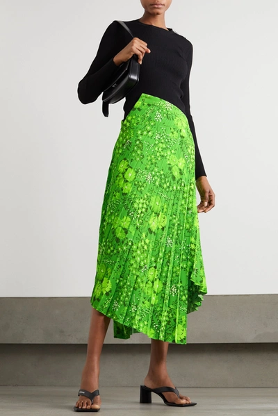 Shop Balenciaga Asymmetric Pleated Floral-print Crepe Midi Skirt In Green