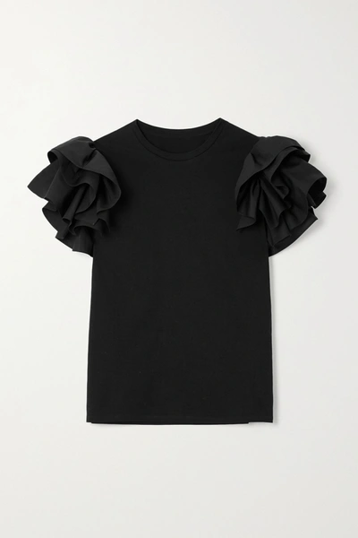 Shop Alexander Mcqueen Ruffled Poplin-trimmed Cotton-jersey T-shirt In Black