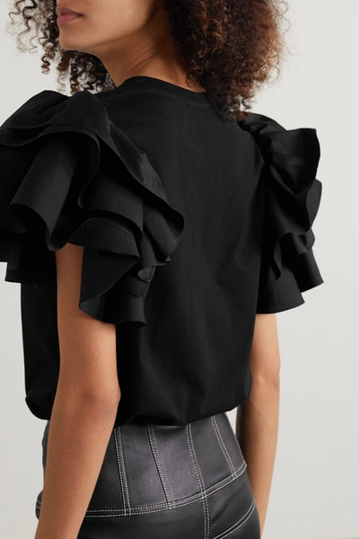 Shop Alexander Mcqueen Ruffled Poplin-trimmed Cotton-jersey T-shirt In Black