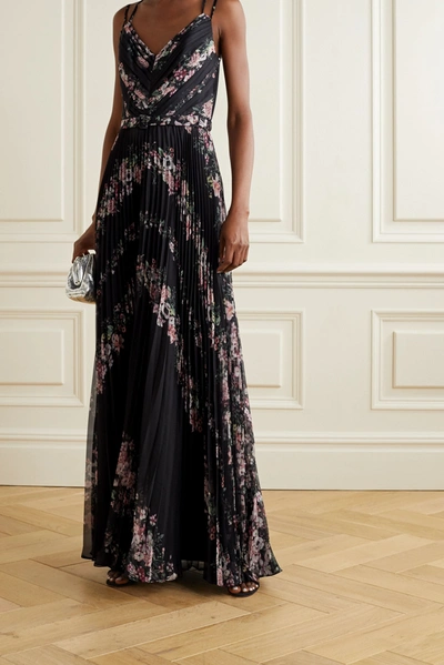 Shop Marchesa Notte Belted Floral-print Plissé-chiffon Gown In Black